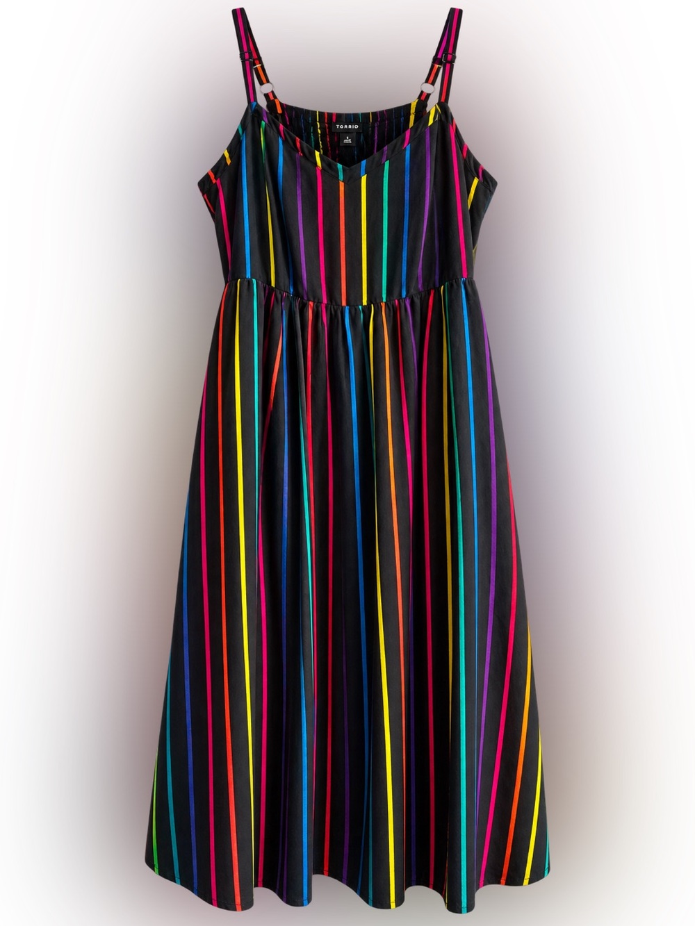 Torrid Size 2 Black Rainbow Stripe Midi Dress Smocked Back Pockets